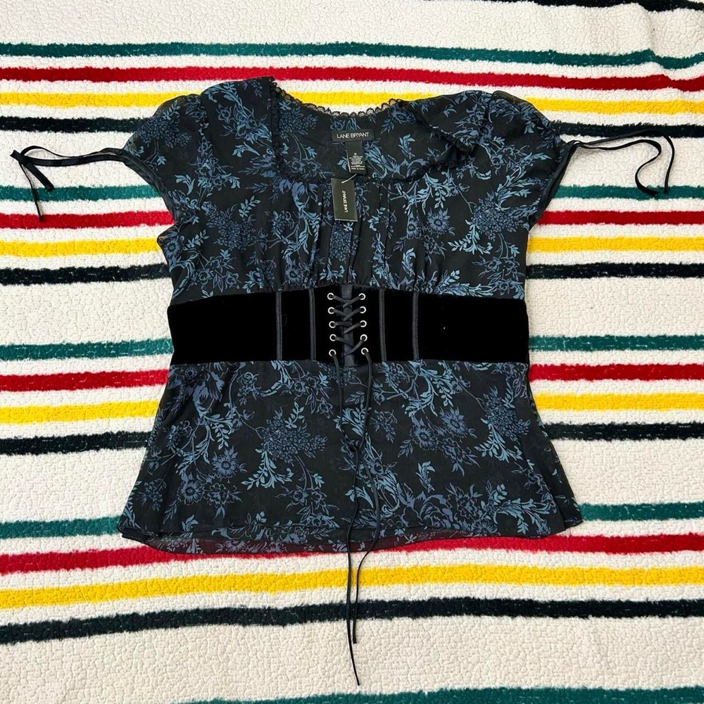 NWT lane Bryant floral corset style lace up sheer blouse